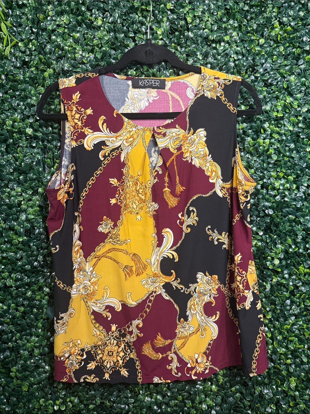 Kasper Sleeveless Scarf-Print Shell Top in Maroon, Black & Mustard